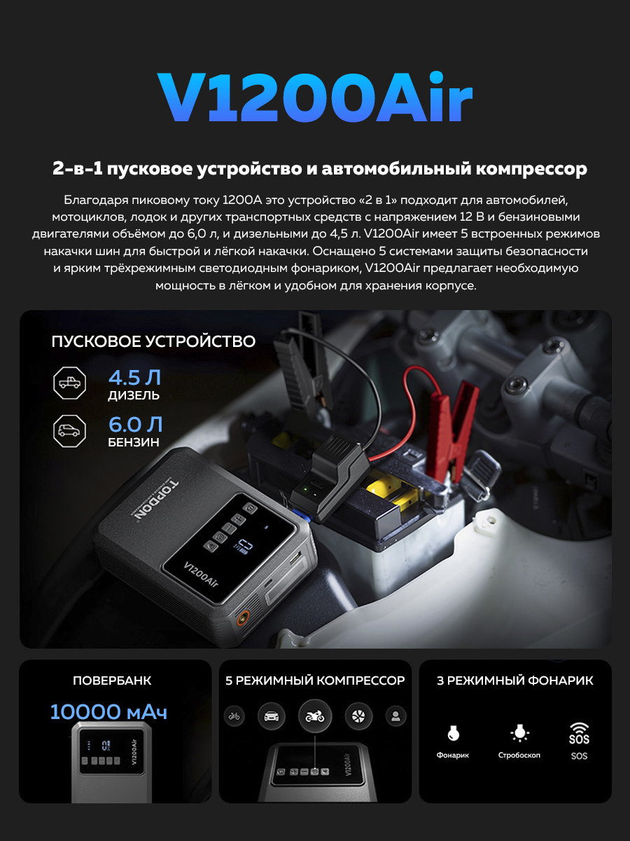TOPDON V1200Air 2-в-1 пусковое устройство и автомобильный компрессор